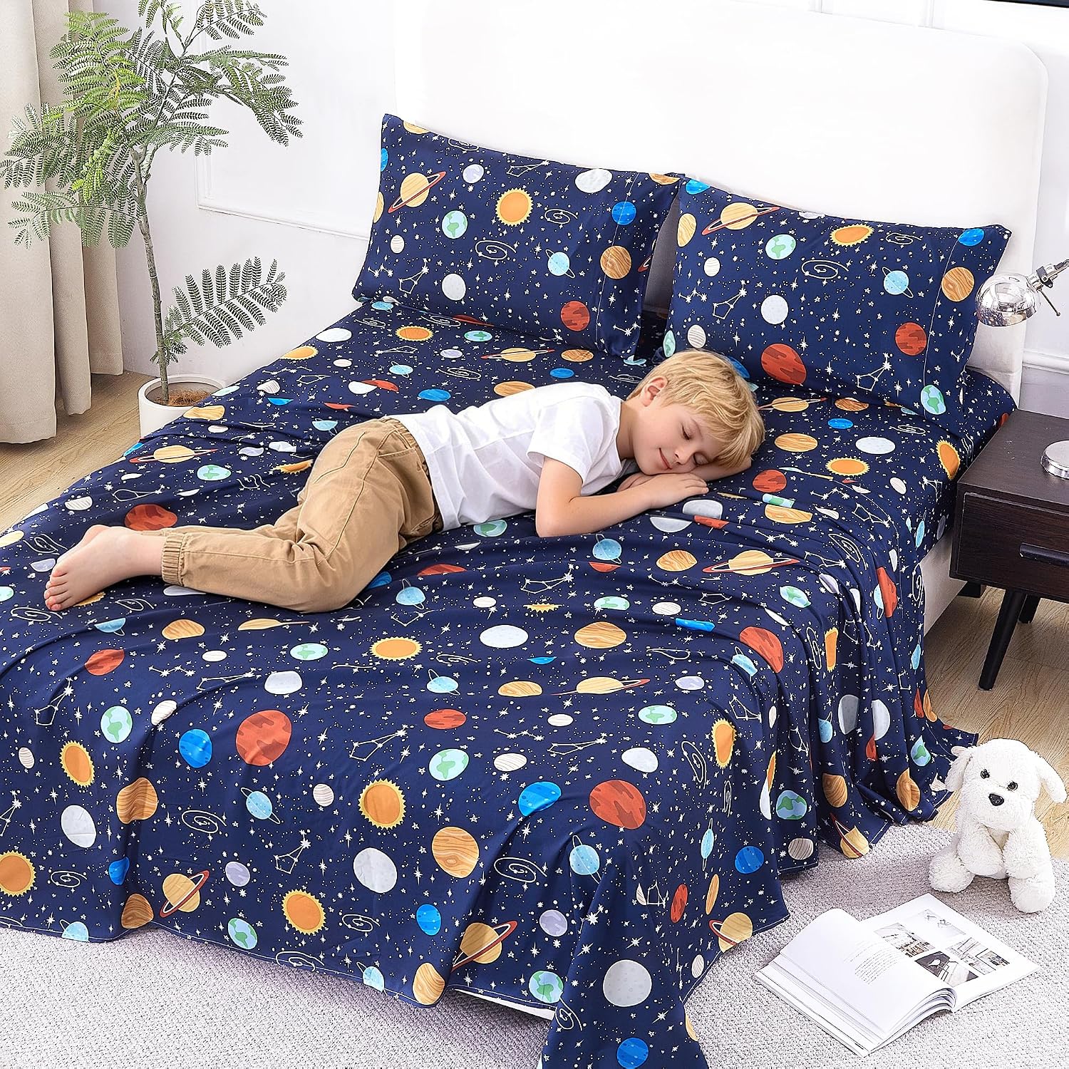 CozySmile Twin Sheet Set Kids,3 Pieces Breathable Soft Microfiber Bedsheets for Child Boys, Oeko-TEX, Anti Pilling Deep Pockets Easy Care Bed Sheets, Planet