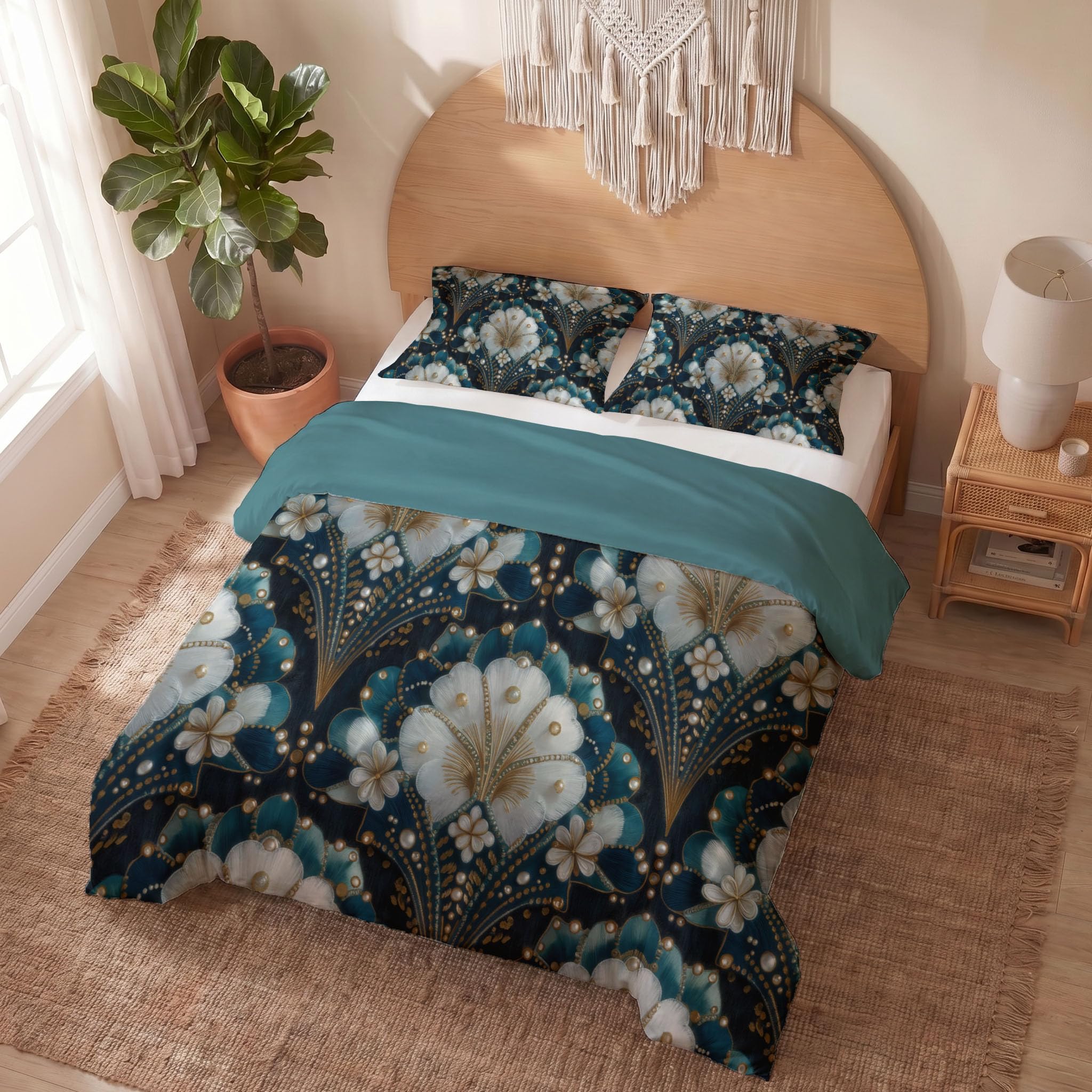 Housse de couette relief géométrique luxueux en bleu-vert 220x240