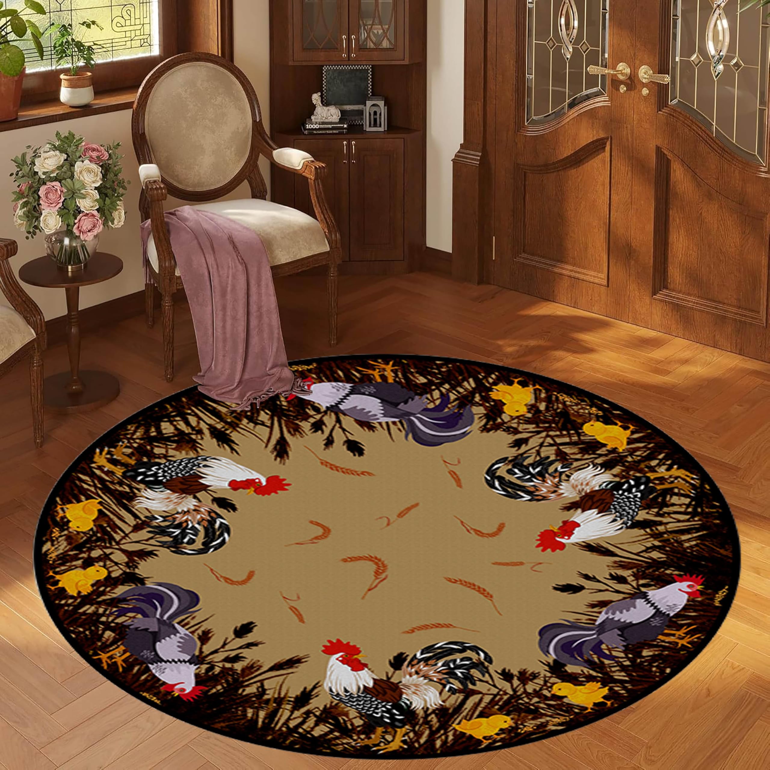 Farm Animal Chicken Rug, 4ft, Farmhouse Rooster Yellow Chick Wheat Rustic Cabin Circle Rugs, Premium Ultra-Thin Vintage Home Decor Indoor Carpet for