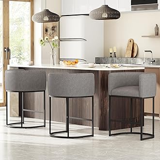 26" H Counter Height Bar Stools Set of 3, Modern Barrel Counter Stools with Backrest and Arms, Linen Fabric Upholstered Accent Barstools for Kitchen Island,Support 450 LBS (Gray)
