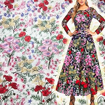 1Yard length36 Width 53 Colorful Floral Embroidered Lace Fabric By 1Yard for Sewing Dresses WeddingWhite mesh