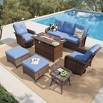 LazySunsets 9 Piece Outdoor Patio Furniture Set with 44'' Fire Pit Table, Wicker Rattan Outdoor Furniture with High Back Swivel Rocker Chairs, Outdoor Sofa Set with Thick Cushions & Ottoman, Navy Blue