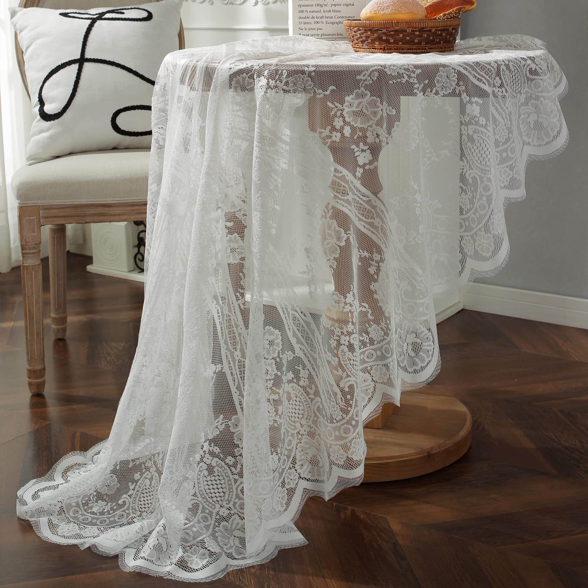 Weiße Spitze Tischdecke Bestickt Elegante Florale Muster Tischtuch Runde Overlay Tischdecke für Hochzeit Party Urlaub Lange Abendessen Home Decor (Rund-190CM/75, Weiß)