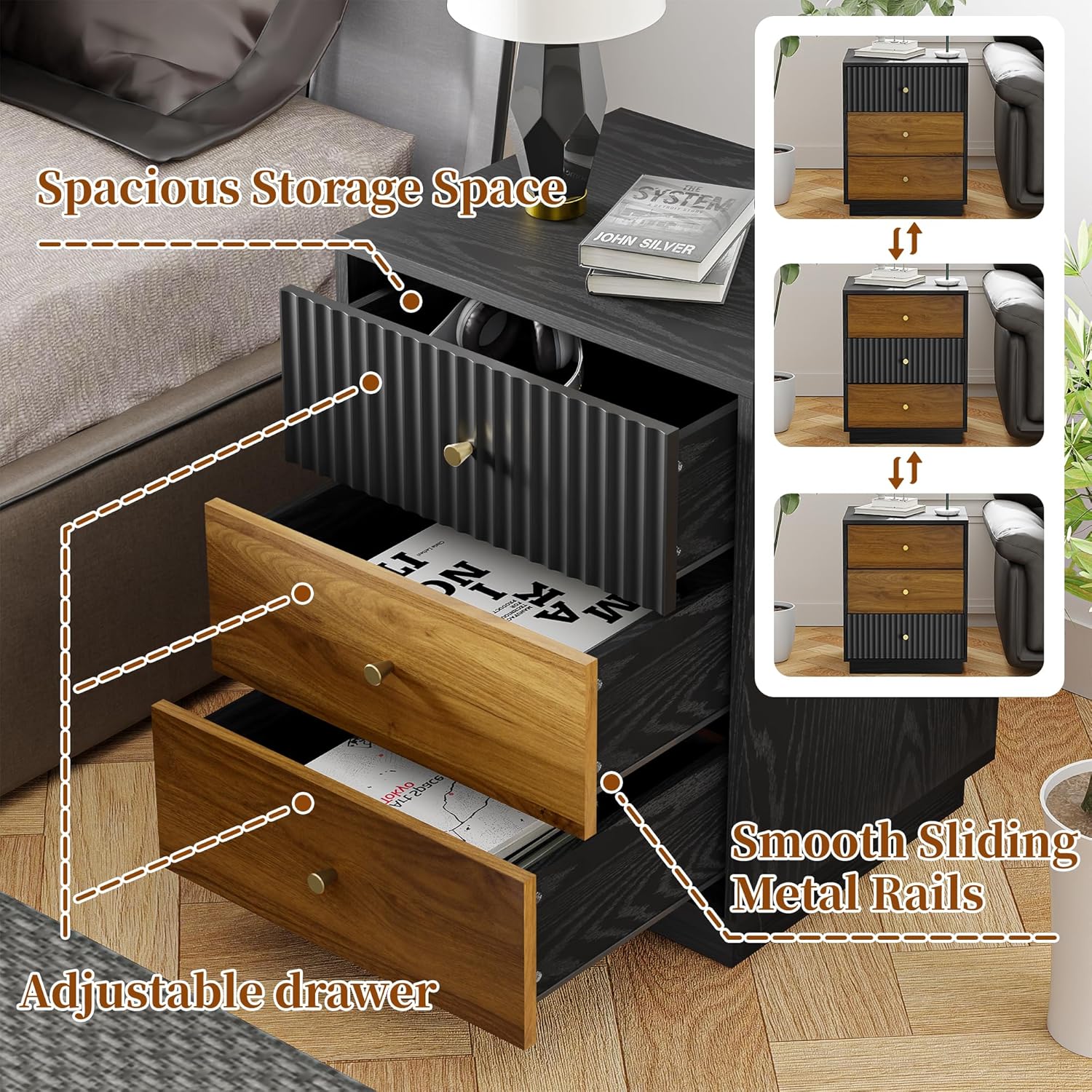 23.6" Set of 2 Tall Night Stand with 3 Storage Drawers, Fluted Nightstand with Metal Handles, Modern End Table Bedside Table Chest for Bedroom, Black and Walnut