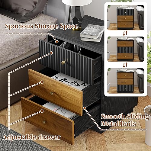 Miniatura 4 de Mesita de noche de 23.6 pulgadas de alto con 3 cajones de almacenamiento, mesita de noche acanalada con asas de metal, mesa auxiliar moderna para