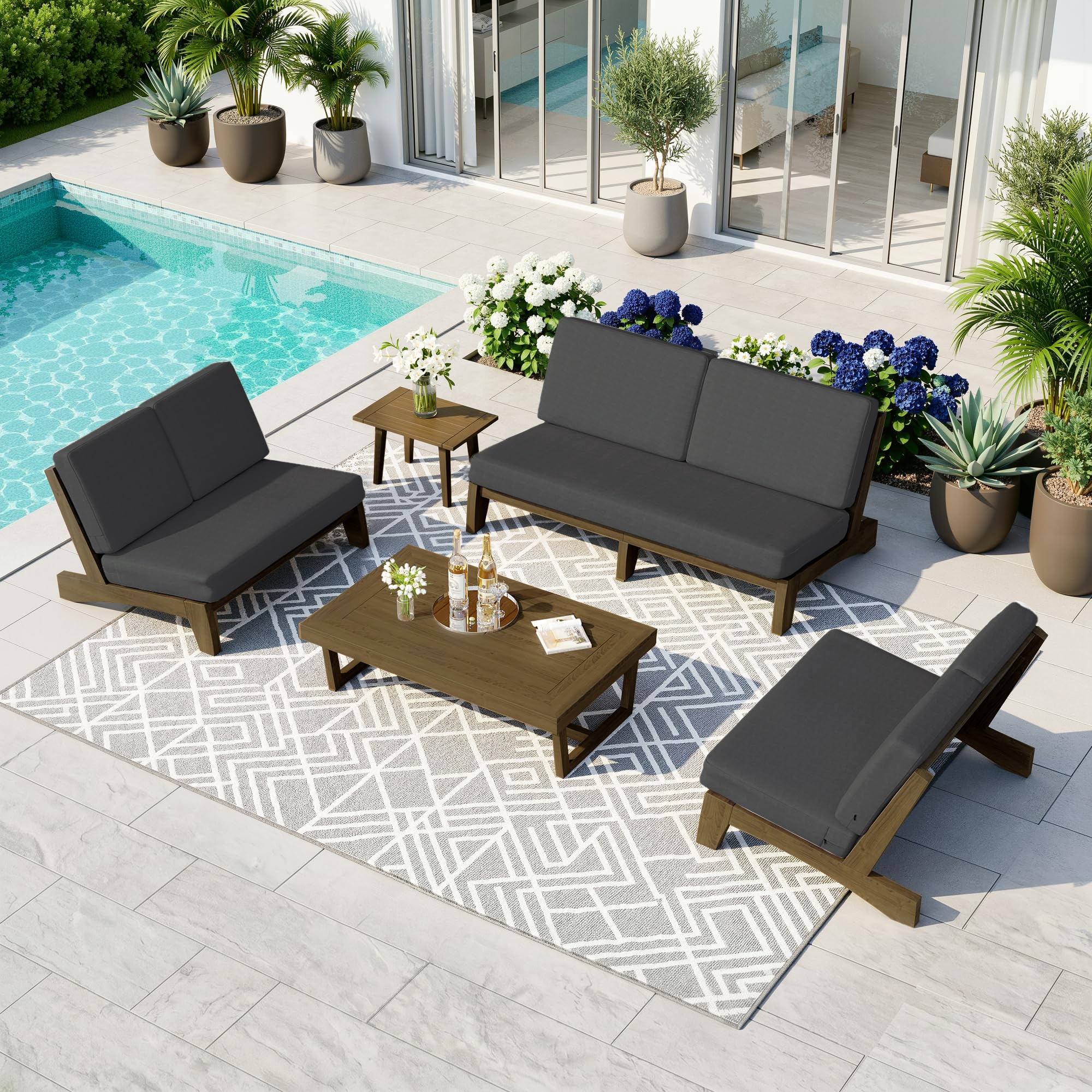 Pia Ricoo 5-Piece Patio Furniture Set, Outdoor Sofa with 2 Split Back Loveseat, 2 Chairs &amp; Coffee Table, Conversation Set for Backyard/Deck/Lawn - Dark Gray