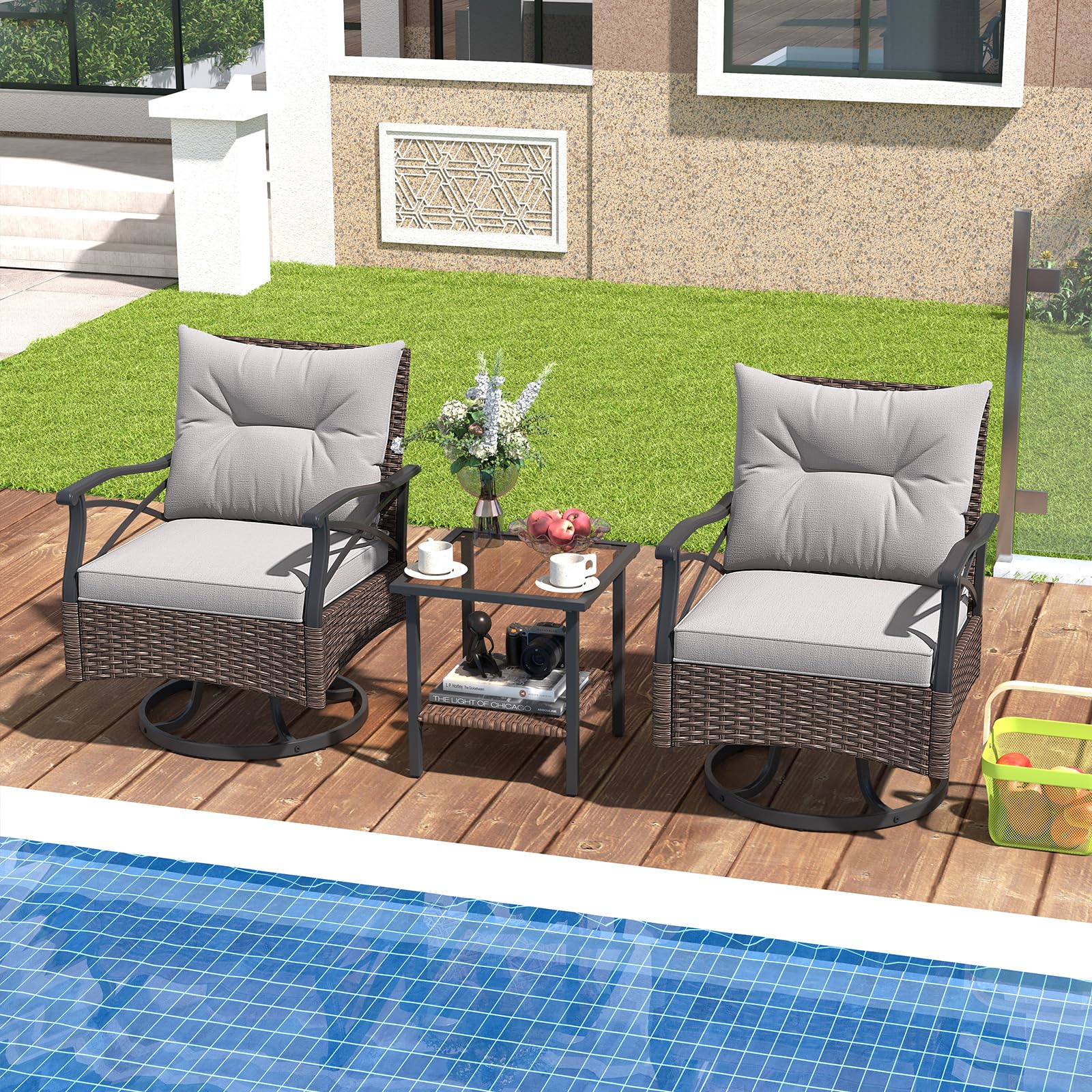 COSTWAY Rattan Gartenmöbel Set, Balkonmöbel inkl. 2 Schaukelstühle mit Drehfunktion, Kissen & Tisch, Balkonset, Terrassenmöbel, Gartengarnitur, Sitzgruppe für Garten, Balkon, Terrasse