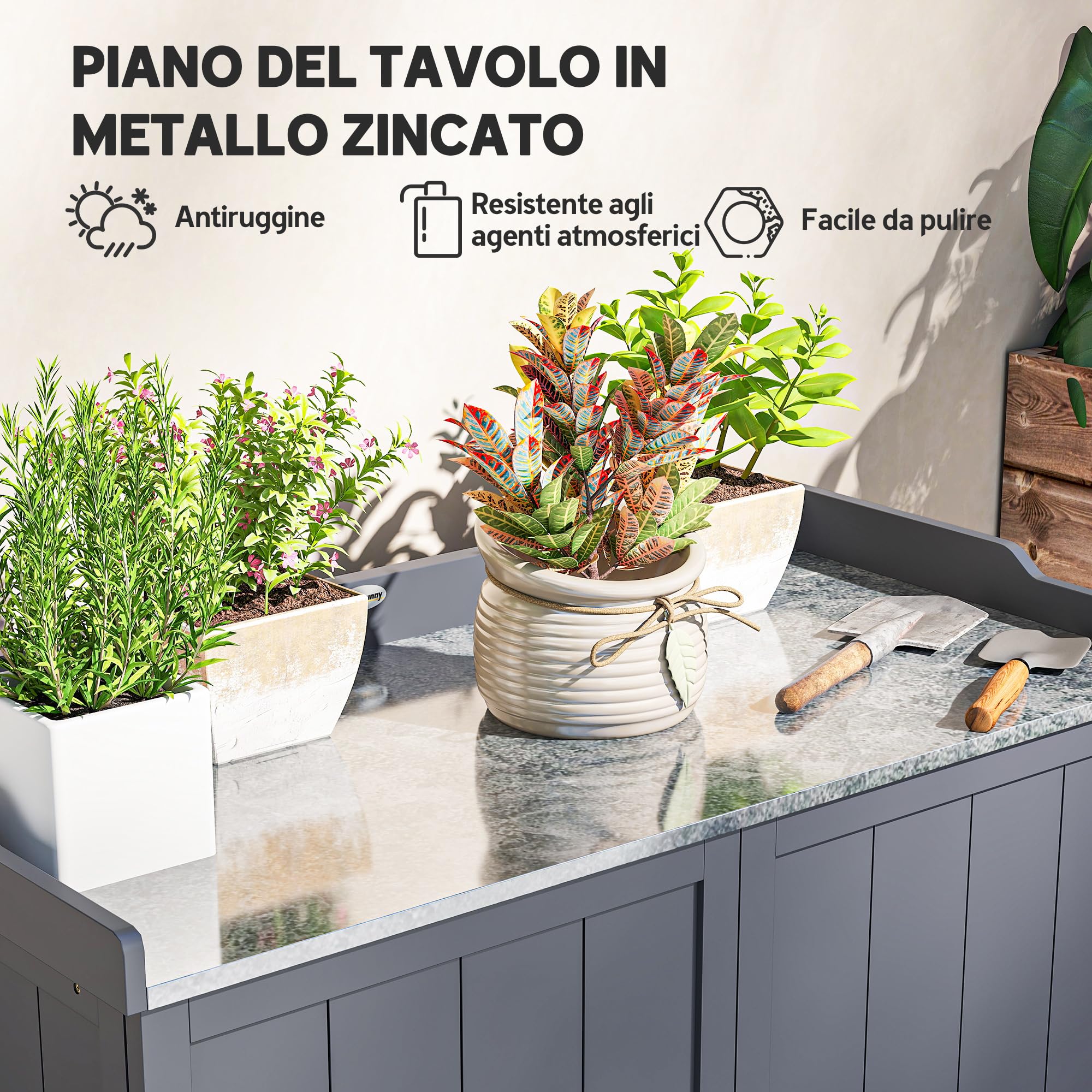 Outsunny Armadietto da Esterno in Legno di Abete con Piano da Lavoro in Metallo Zincato e 2 Ripiani Porta Attrezzi, 98x48x95.5 cm, Grigio