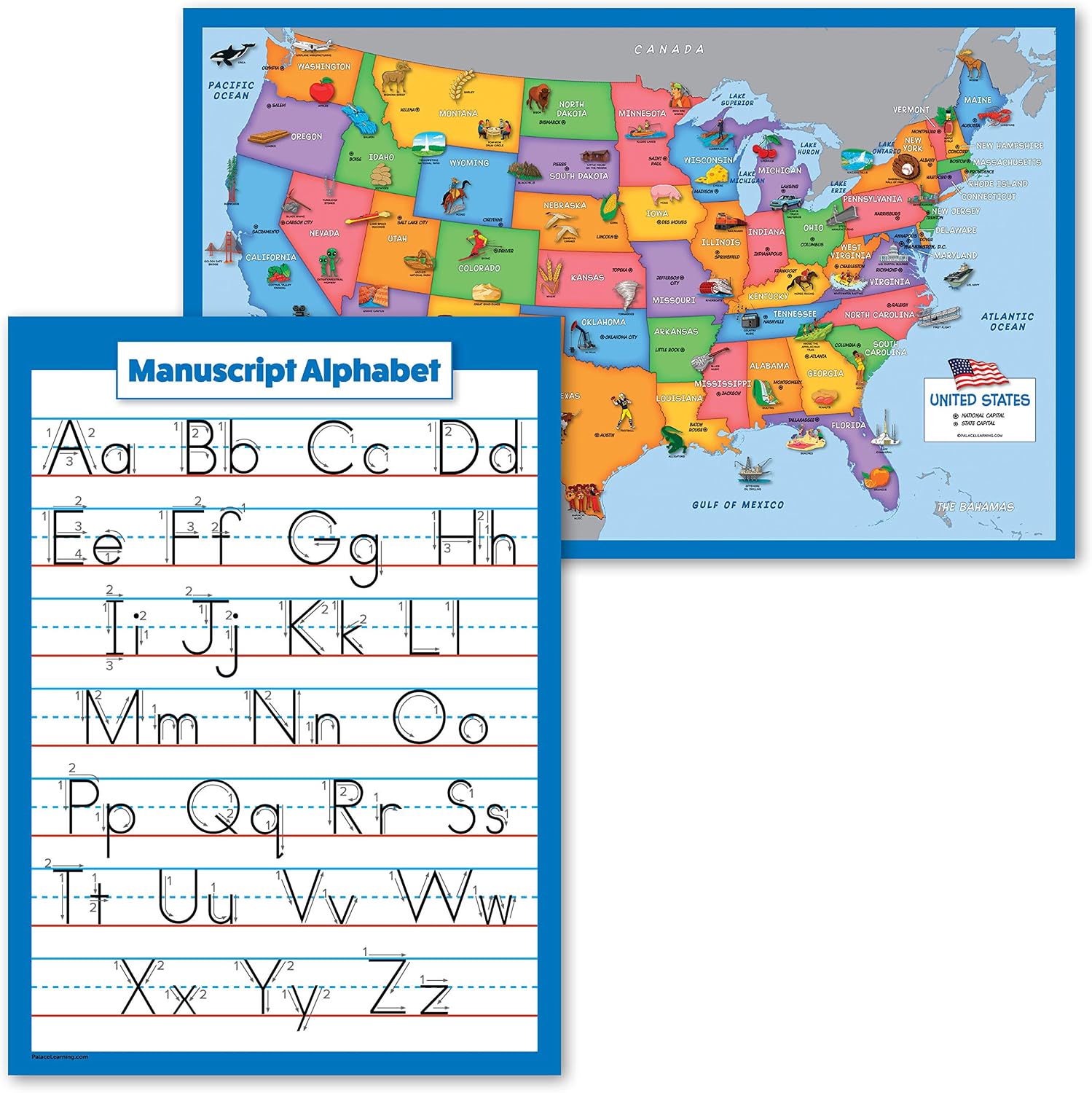 Amazon.com : 2 Pack - USA Map for Kids [Illustrated] + Manuscript ABC ...