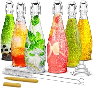 Nevlers 33 Oz Textured Swing Top Glass Bottles | 6 Pack Teardrop Flip Top Glass Bottle Set for Beer, Fermentation or Kombucha Bottles | Reusable Air Tight Bottle with Stopper, Cleaning Brush & Funnel