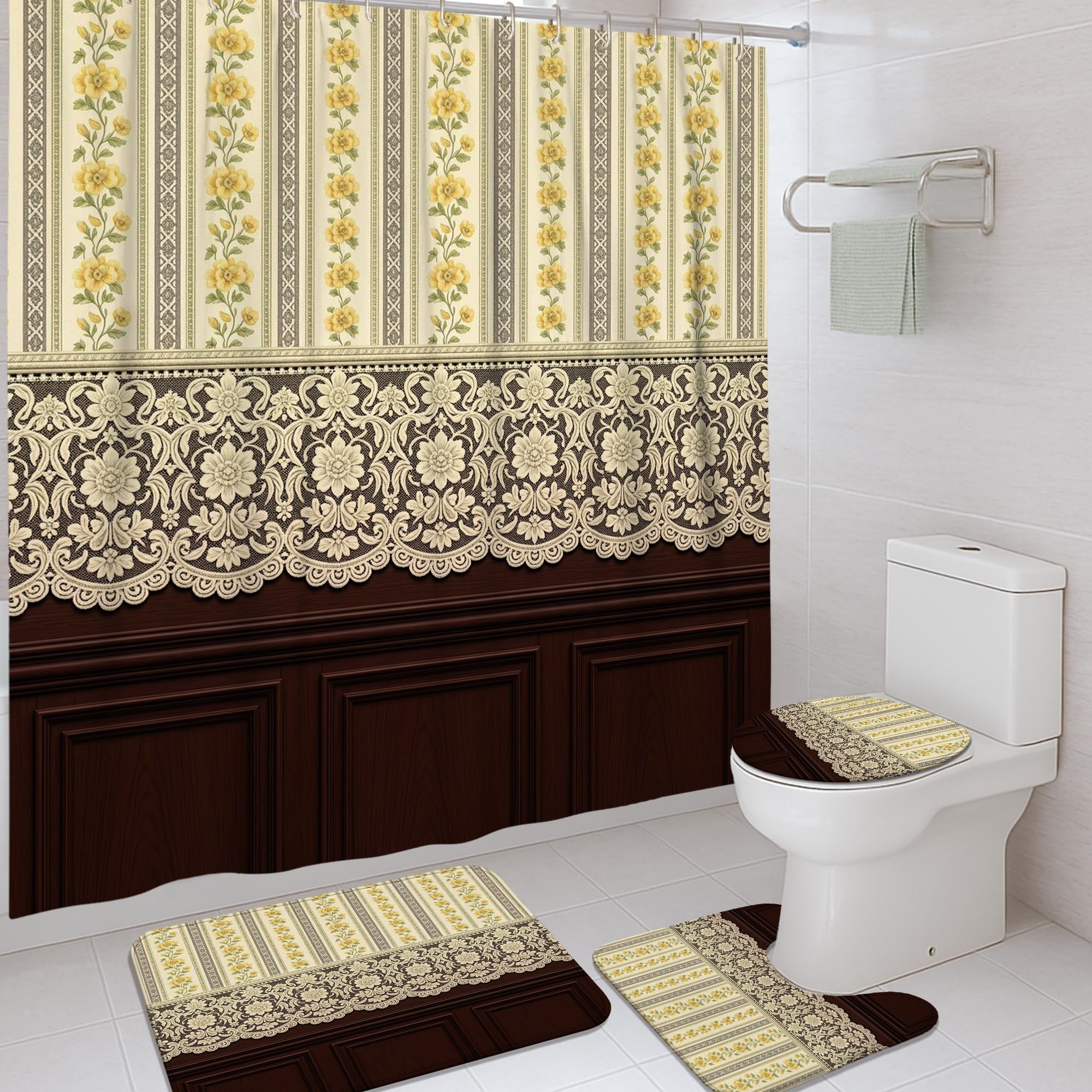 Rideau de douche vintage en dentelle blanche lavable 183 x 183 cm pour baignoire