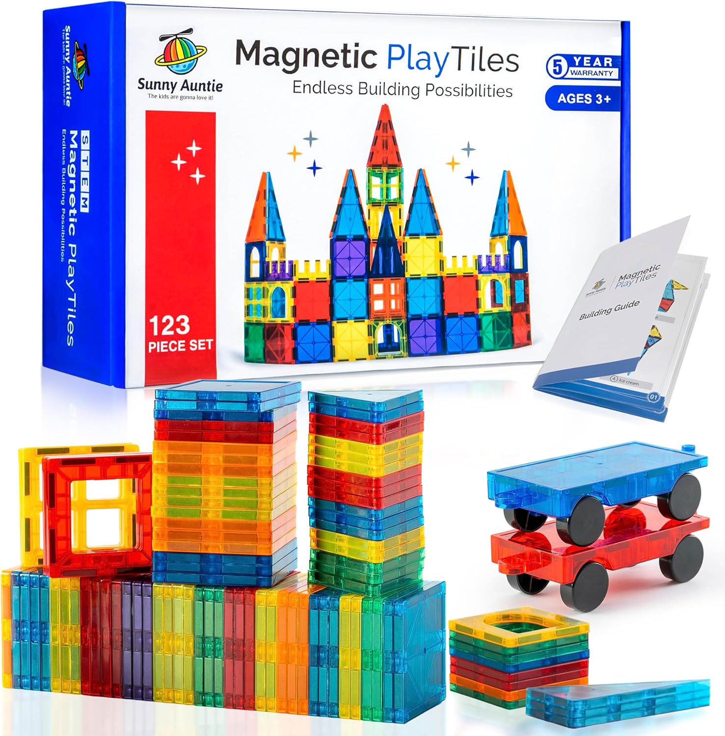 Magnetic Tiles 123 PCS with 2 Cars & Storage Bag – Magnetic Building Tiles STEM Toy for Kids Ages 3-8, Magnet Construction Set for Boys & Girls