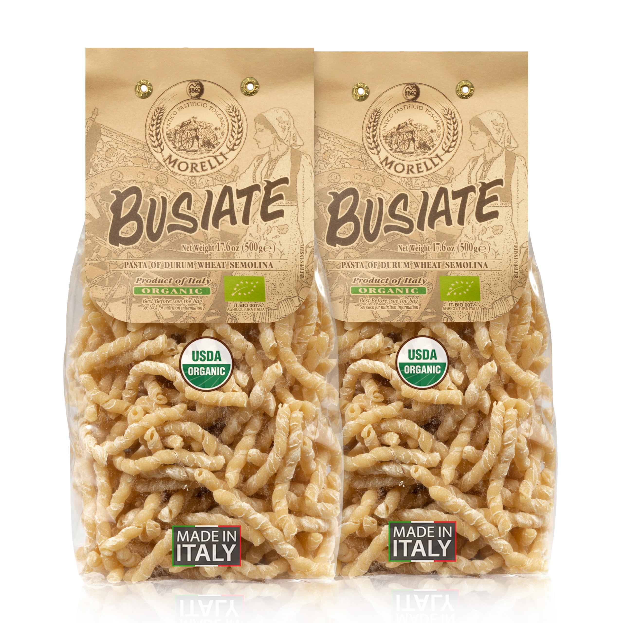 Morelli Spiral Pasta - Organic Premium Durum Wheat Semolina Italian Pasta from Italy - Protein-Rich, Ancient Grains, All Natural, Gourmet Italian - Busiate Pasta (Trofie, Gemelli) 17.6 Oz - Pack of 2EU Organic