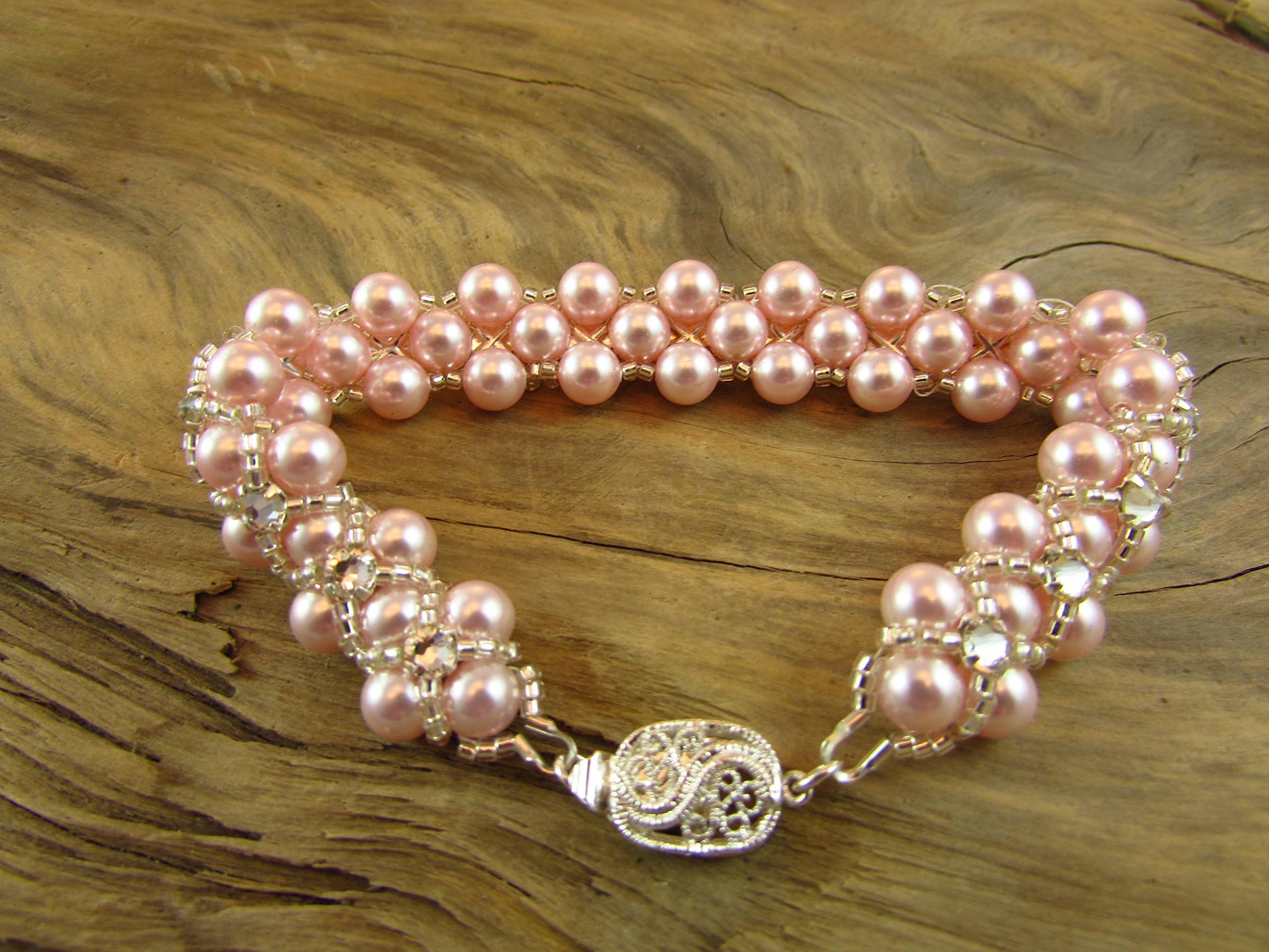 Exquisite Swarovski Crystal Pink Pearl, Sliver Bead and Rhinestone Bracelet