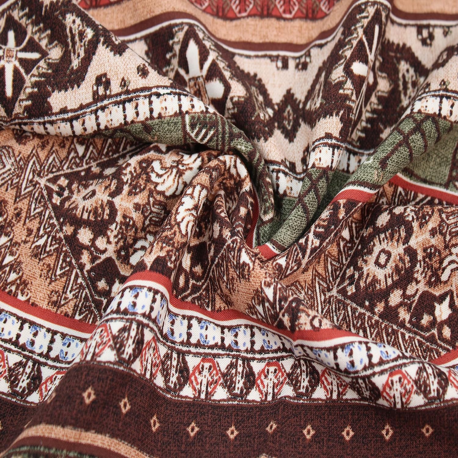 Brown Olive Ethnic Design Printed 55" Light-Weight Rayon Challis Fabric by The Yard