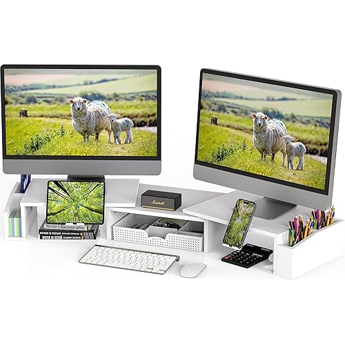 Simple Houseware Desk Dual Monitor Stand Riser with Drawer, White