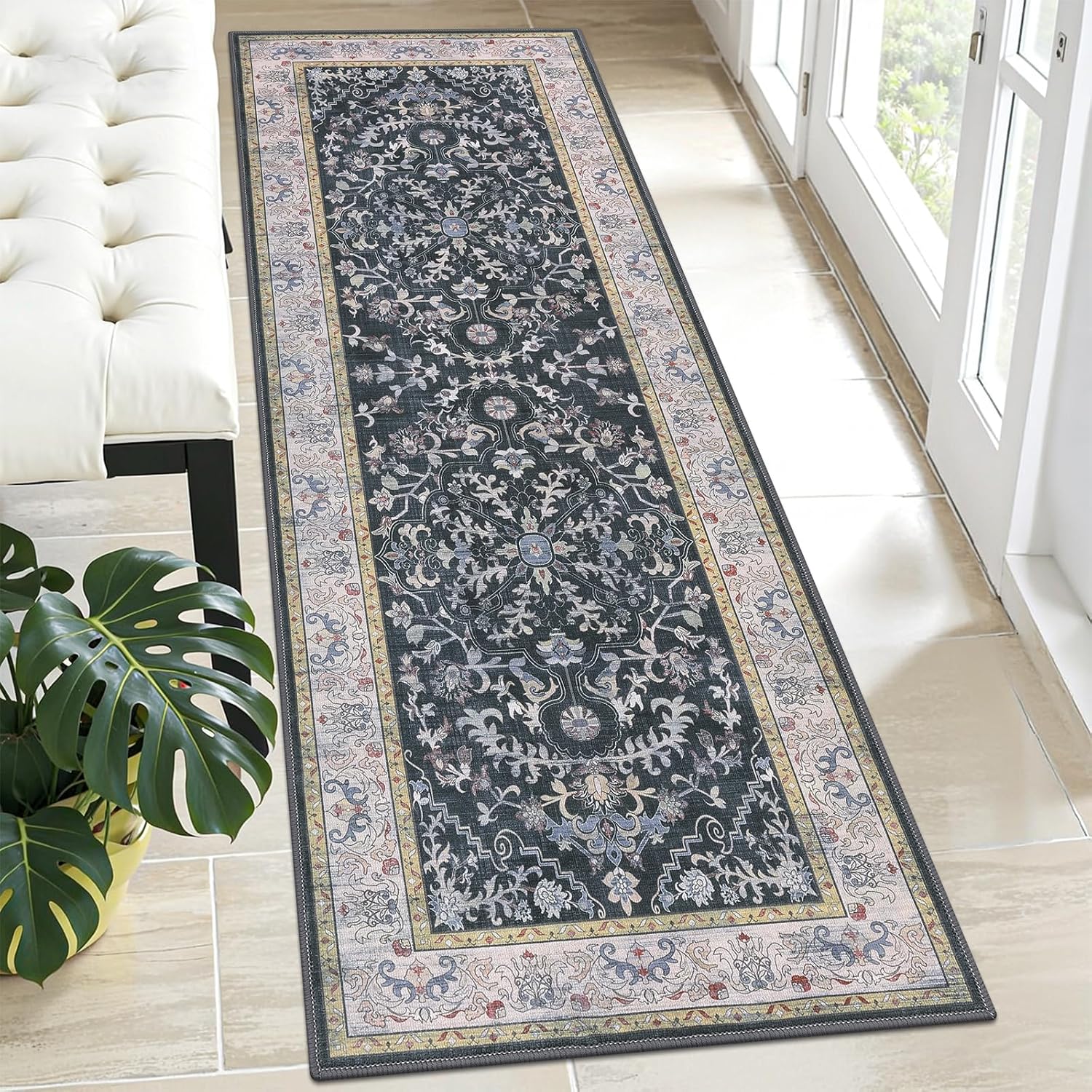 U'Artlines 2' x 6' Boho Hallway Runner Rug Vintage Farmhouse Non Slip Soft Washable Accent Runner Carpet for Kitchen, Entryway, Laundry, Living Room(Dark Grey)