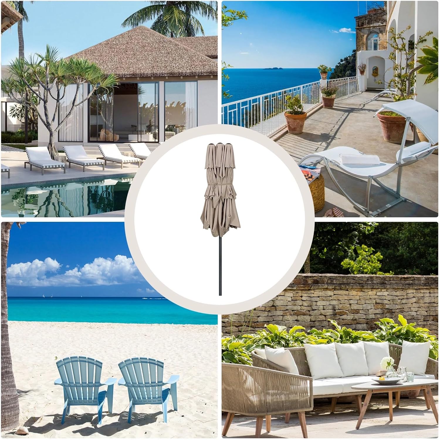 Ainfox 15ft Large Patio Umbrella, Outdoor Double-Sided Pool Umbrellas, 3 Tiers Large Rectangle Market Umbrella for Poolside