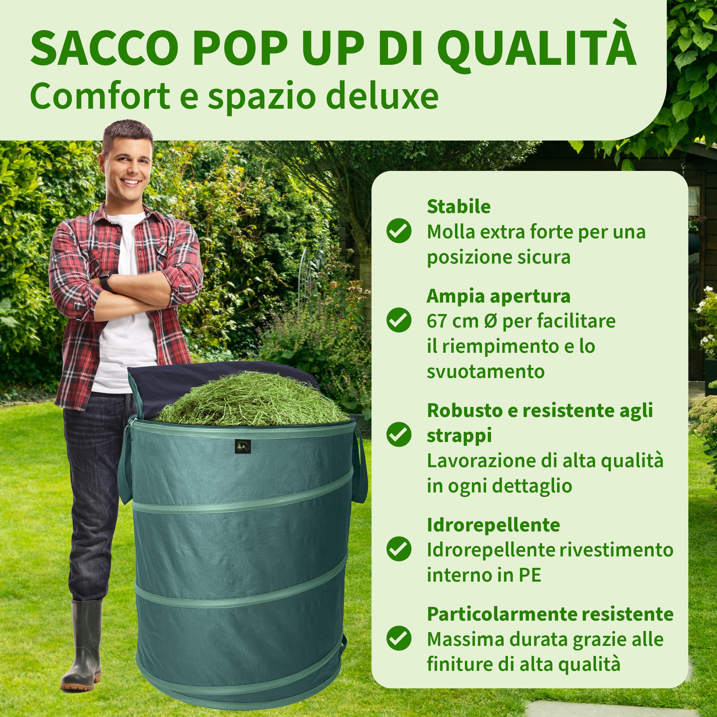 TTL GARDEN Sacco da giardino Deluxe Pop Up da 270 l, con coperchio, 220 g/m², 600D, Oxford, 270 litri, pieghevole, grande, stabile, per il taglio verde, da giardino