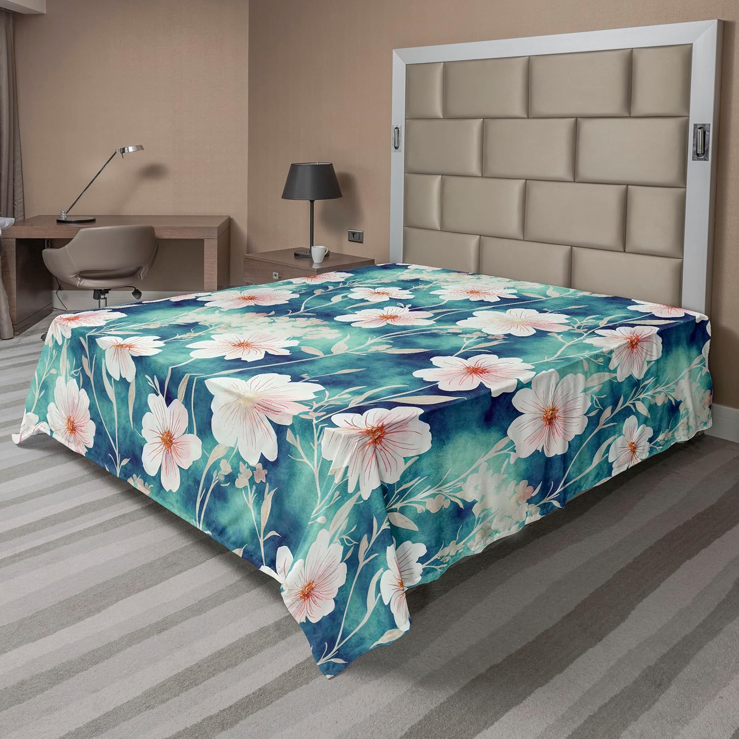Ambesonne Floral Flat Sheet, Watercolor Design of Spring Flowers Big Petals Orderly Repeated Artwork, Soft Comfortable Top Sheet Decorative Bedding 1 Piece, Queen Size, Violet Blue Dark Coral