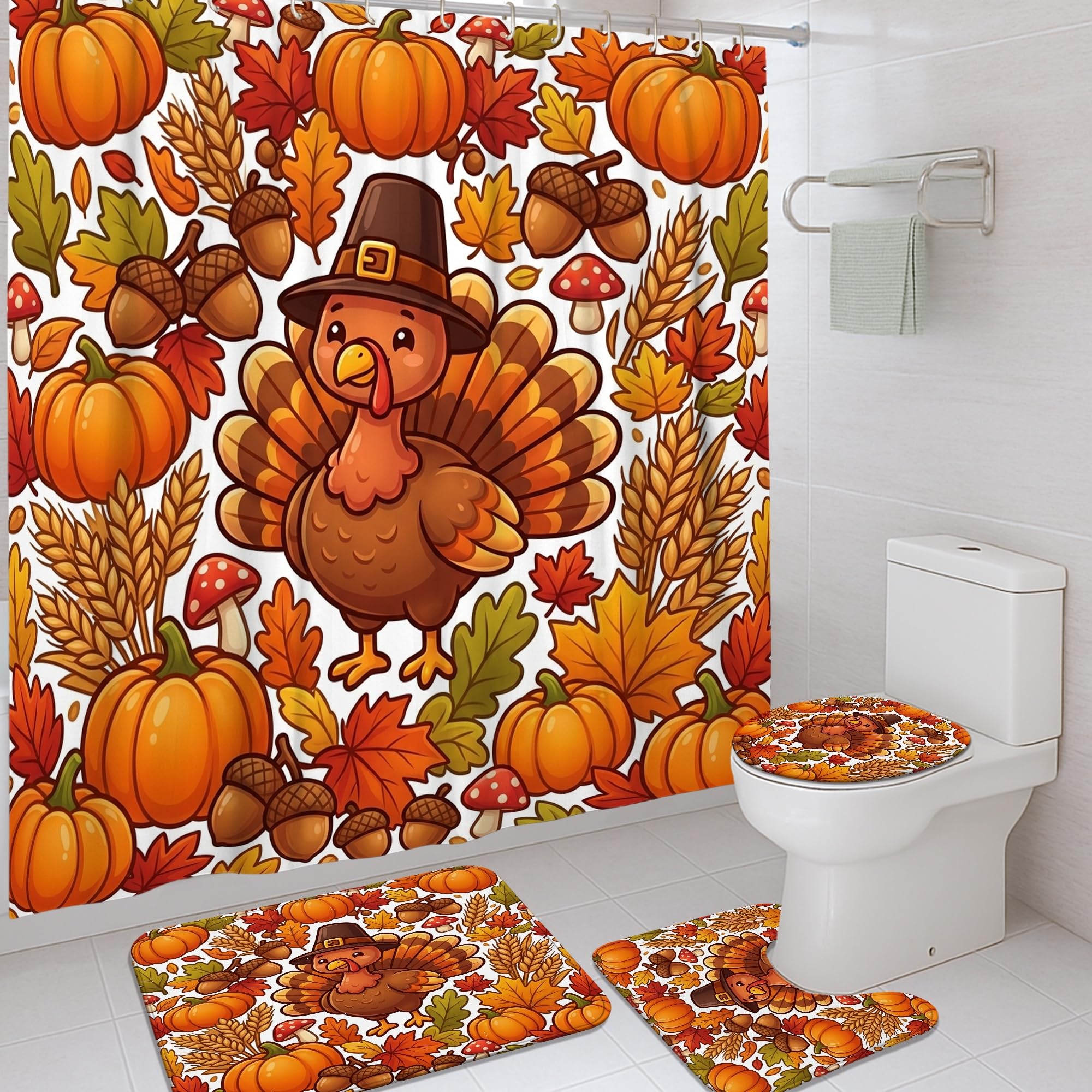 Rideau de douche lavable motif automne orange en toile imperméable