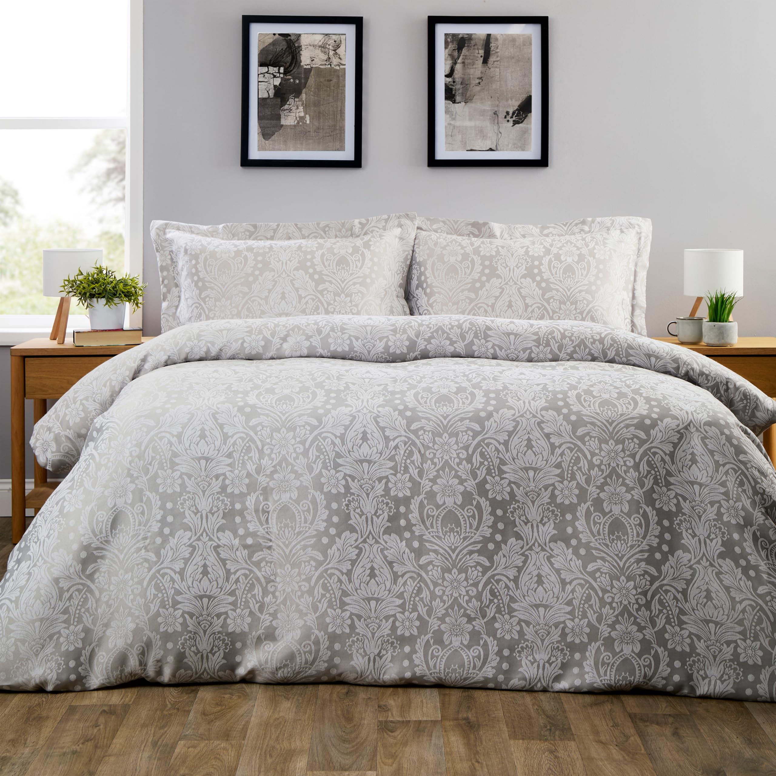 Olivia Rocco Dorchester Jacqaurd Duvet Cover Set Quilted Bedding Covers with Pillowcases, Grey Double