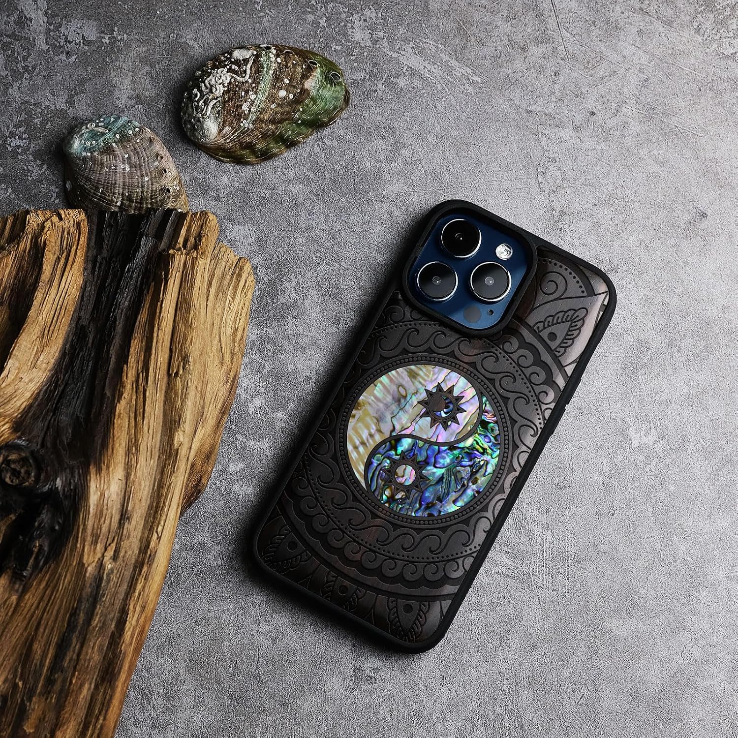 Carveit Wooden Case for iPhone 15 Pro Magnetic Case, Compatible with MagSafe Wireless Chargers, Shockproof Cover, Handmade Shell Inlaid & Wood Artisan Engraved (Yin Yang Paisley) Blackwood