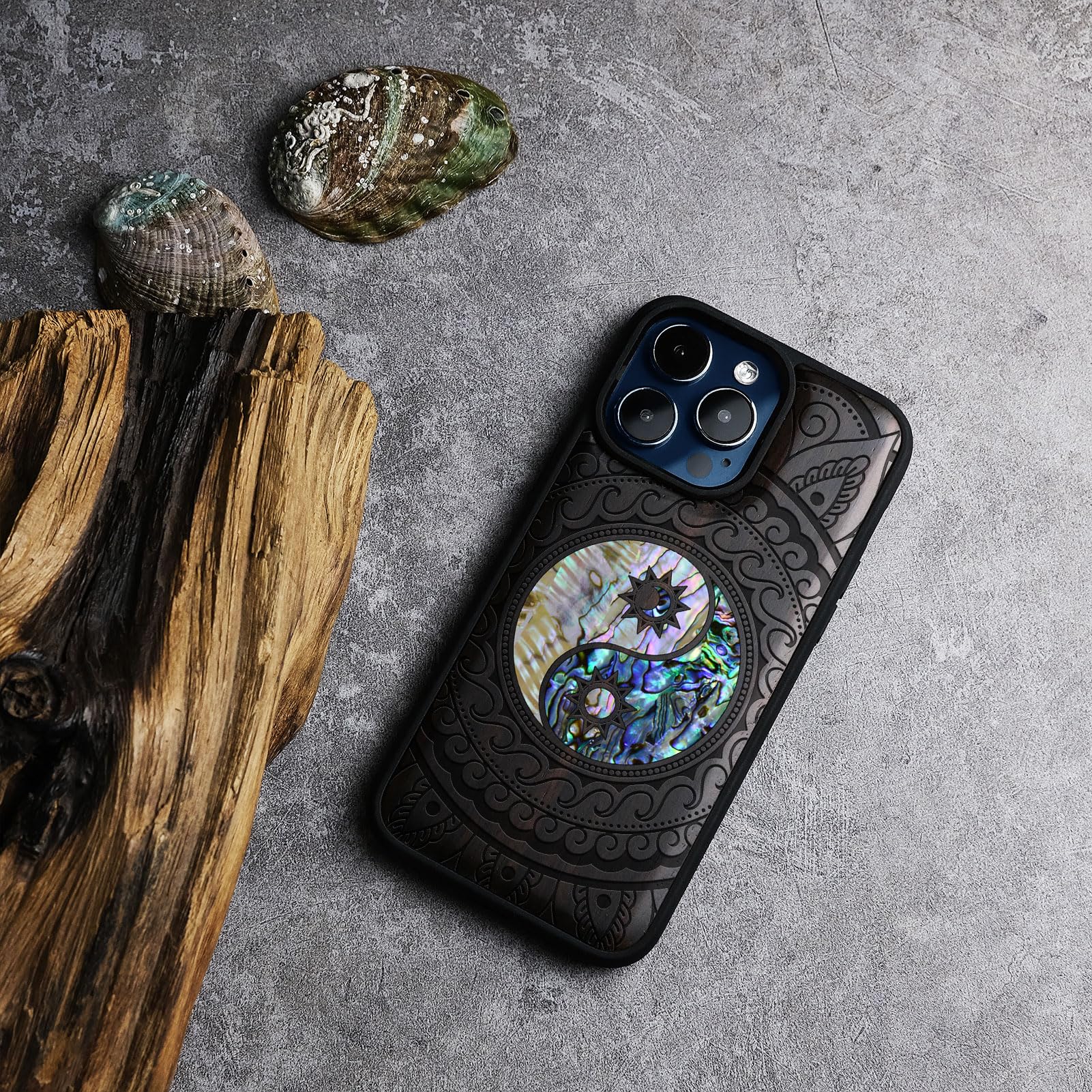 Carveit Magnetic Wooden Case For IPhone 17 Pro Max Case, Wood Artisan Engraved & Black Soft TPU Shockproof Cover, Compatible With MagSafe Wireless Chargers (The Shield Of Dragons And Awe) Rosy