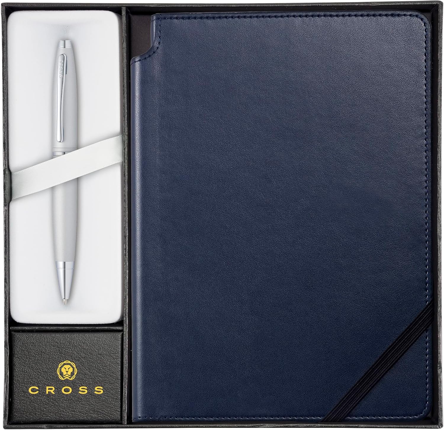 Cross Calais Satin Chrome Refillable Ballpoint Pen and Medium Lined Journal Gift Set, Includes Premium Gift Box - Midnight Blue