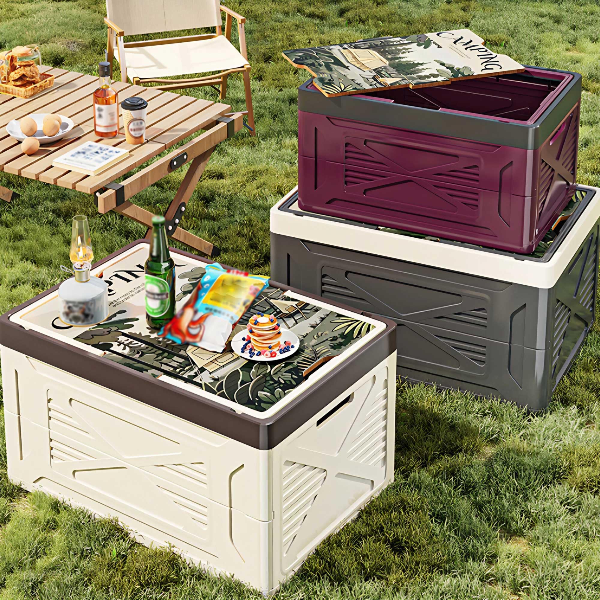 Faltbare Camping Outdoor Aufbewahrungsbox mit Decke und Griff | Stapelbar Kunststoff Auto Kofferraum Organizer Aufbewahrung, Holzdeckel, für Reisen, Familien, Garten Party, Picknick