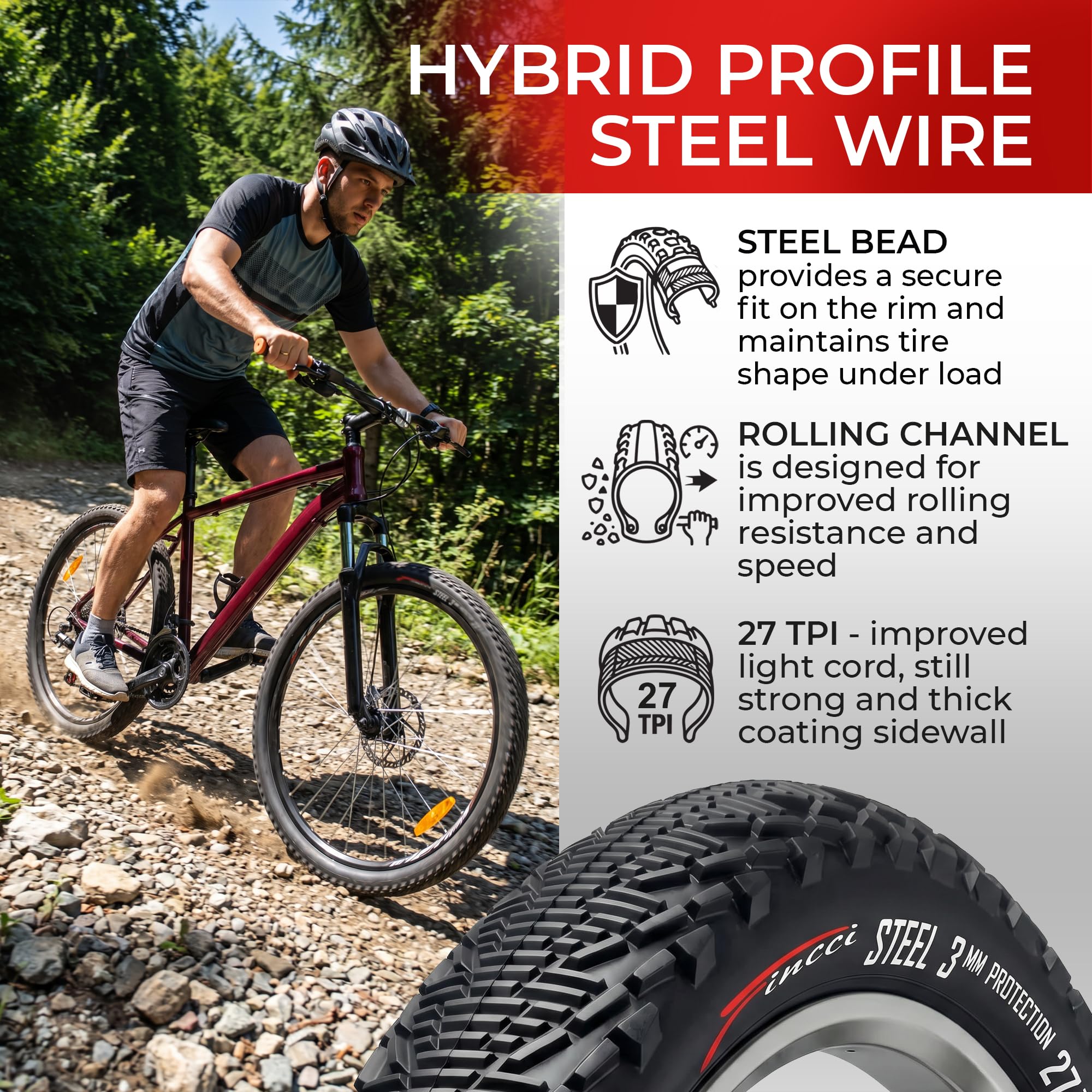 Fincci Opony rowerowe 66 x 1,95 cala 53-559 MTB hybrydowe opony z 3 mm ochroną przed przebiciem 60 TPI do roweru, szosowego, górskiego, hybrydowego roweru z oponą 26 x 1,95