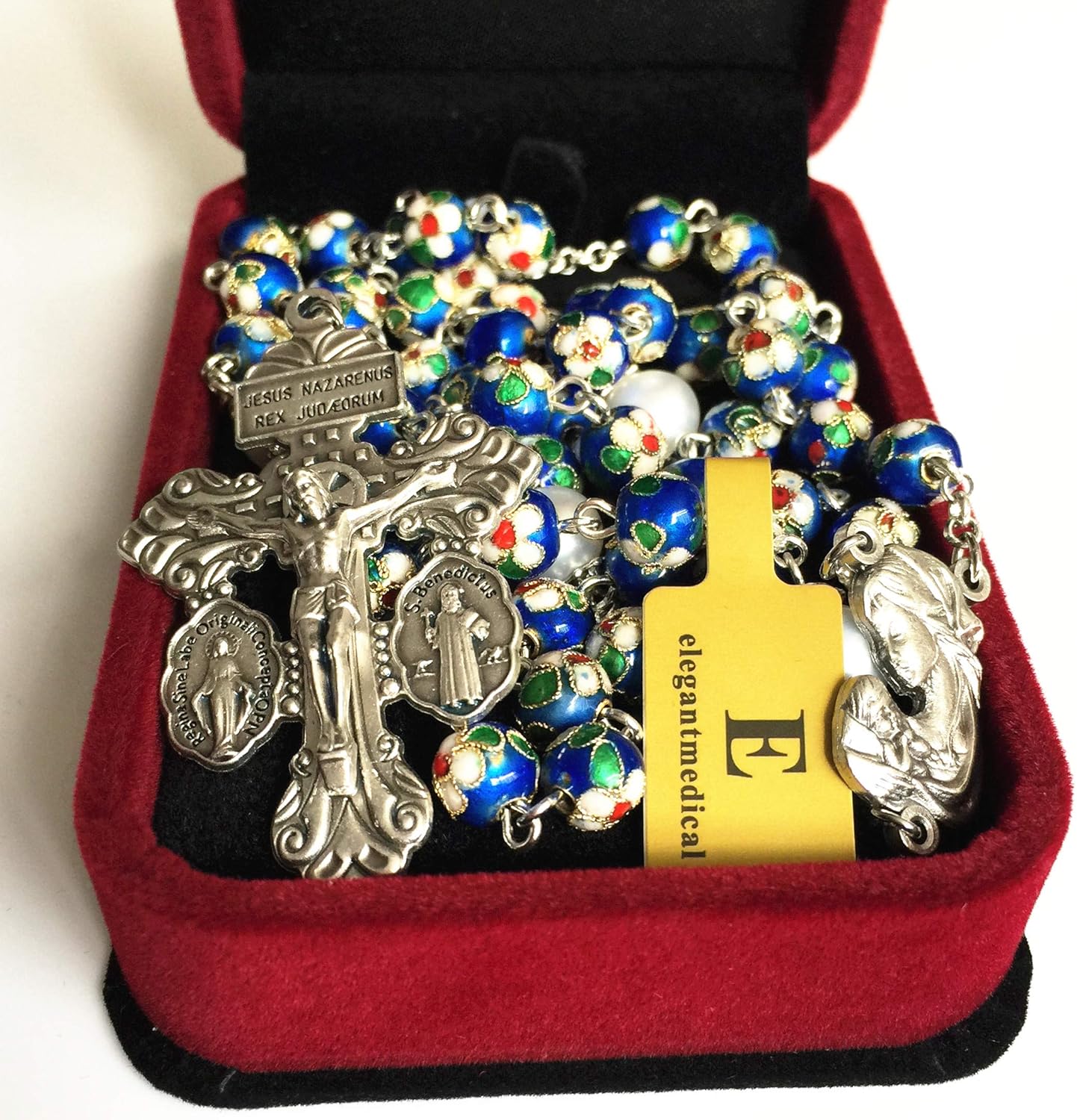elegantmedical Handmade NICE Blue CLOISONNE & 10mm Pearl BEADS ROSARY NECKLACE Italy Parden cross Crucifix Catholic gift - Image 2