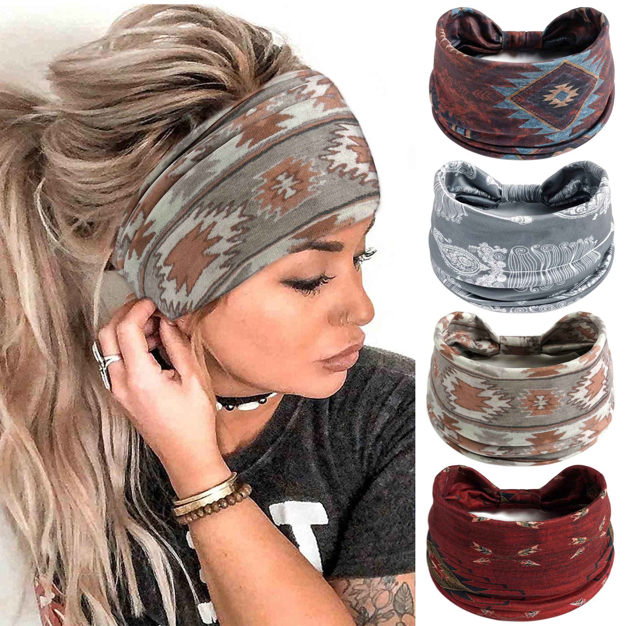 FULZTEY Boho Headbands for Women Vintage Elastic Fabric Printed Hair Bands Workout Wide Knot Sweatbands Soft Cotton Headwraps Yoga Running Hair