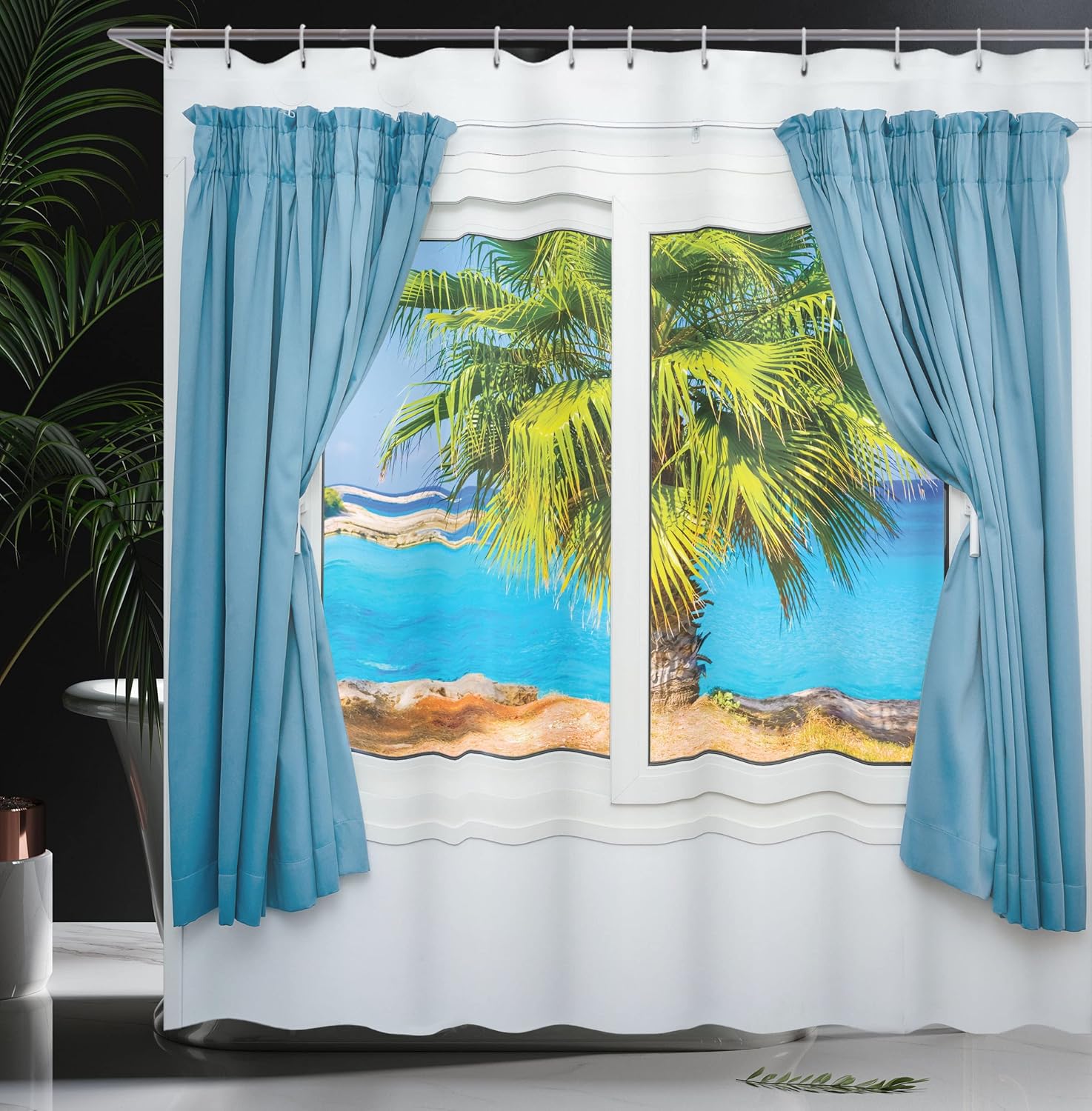 Ambesonne Beach Shower Curtain, Exotic View from a Window with Curtains Tropical Beach Sun Rays Horizon Palm Ocean Summer Scene Print, Fabric Bathroom Decor Set with Hooks, 69" W x 70" L, Blue White