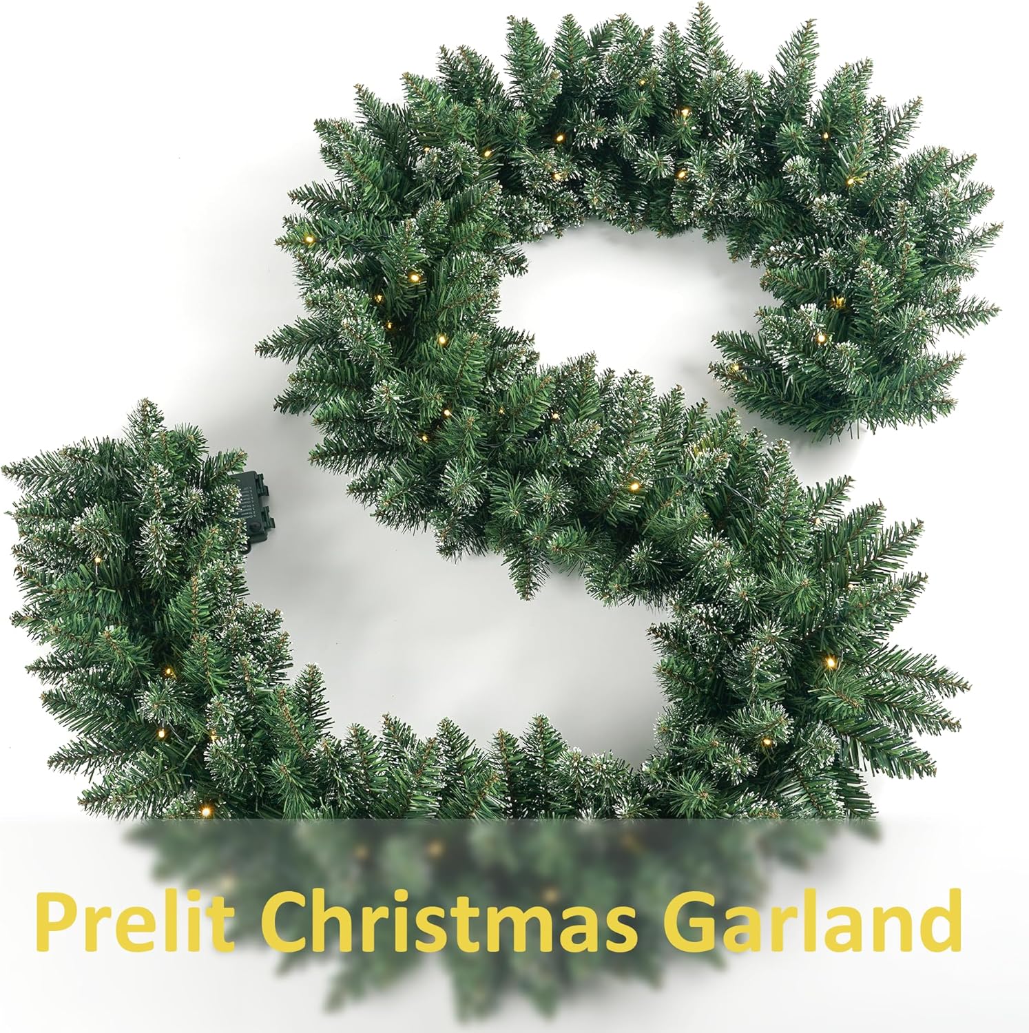Christmas Garland 9 Ft by 12 Inch Prelit Fraser Fir Xmas Garland with 50 LED Lights, Real Like Lush and Classics Green Style for Indoor Outdoor Home Decoration (Brief-Snowy_Battery) - Image 2