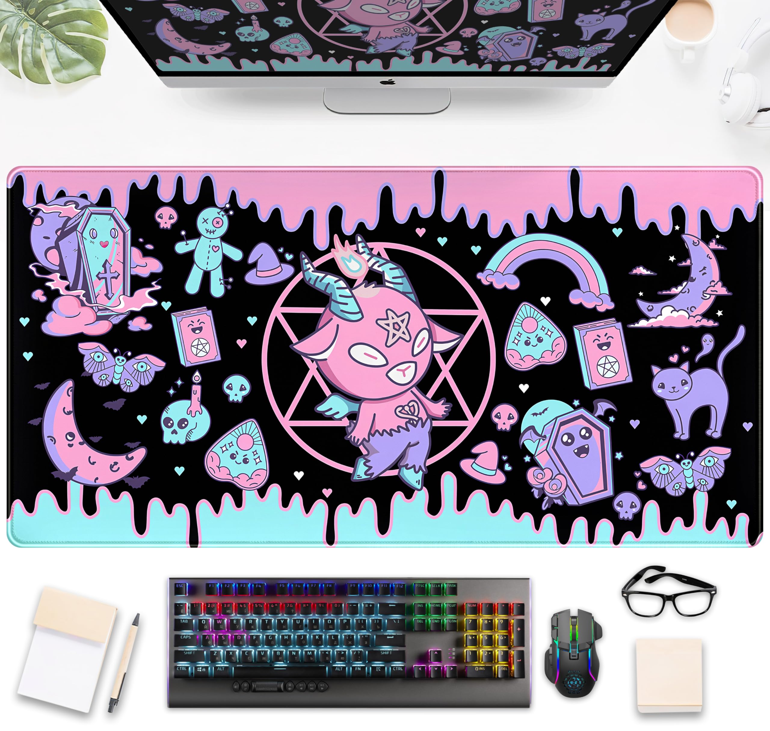 Cute Pastel Goth Desk Mat Kawaii Japanese XXL Extra Large Extended Desk Pad Gaming Mouse Pad, Anime Computer Laptop Mat Keyboard and Mouse Mat for