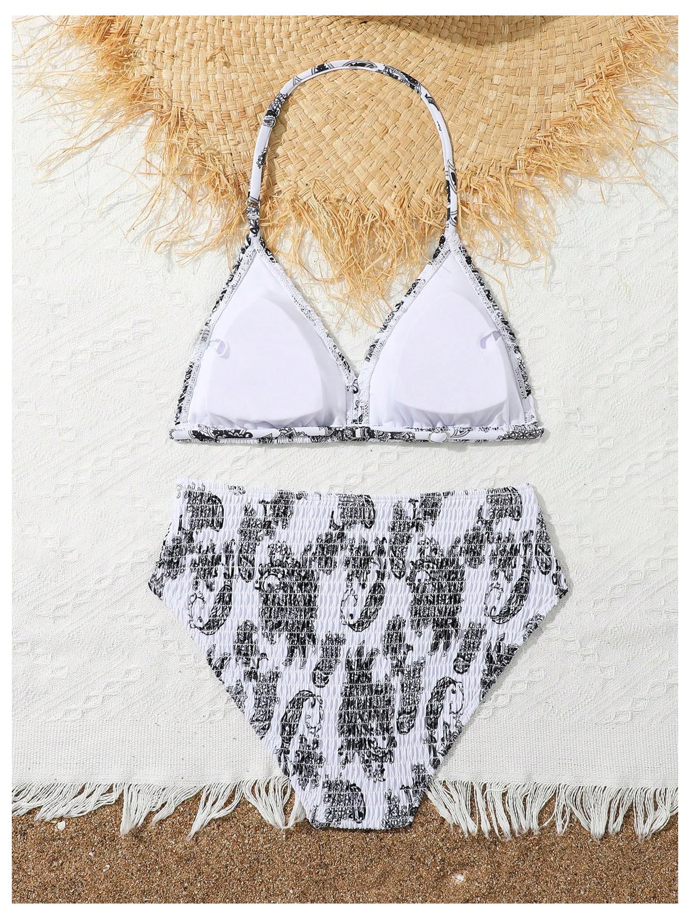 OYOANGLE Girl's Bikini Set Paisley Print Shirred Halter High Waisted 2 Piece Beachwear Black and White 12Y