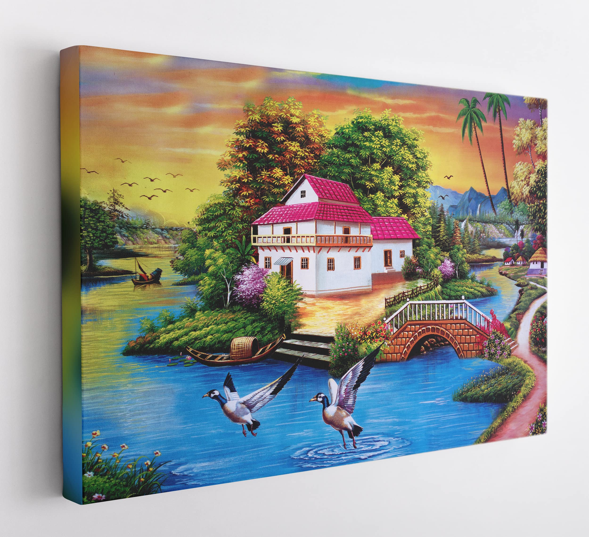 GM GIFT MASTER Home In Forest With River Painting Canvas Wall Art
