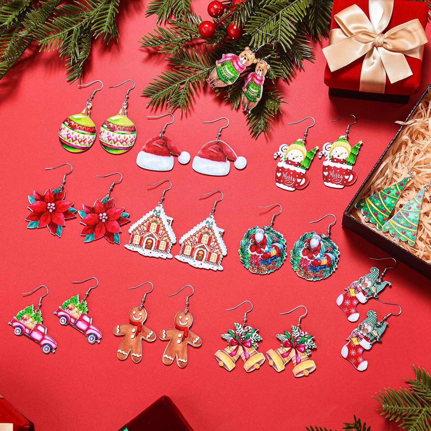 12 Pairs Christmas Earrings for Women Xmas Dangle Earring Set Tree Bell Santa Claus Gingerbread Holiday Festive Jewelry Gifts - Image 6