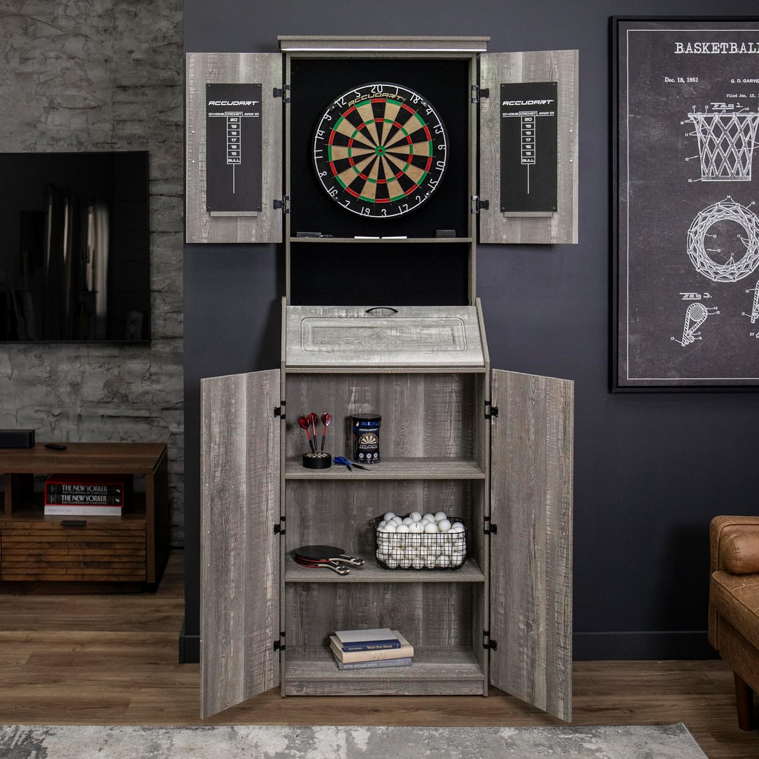 Accudart Dartboard Cabinet Set with LED Lighting – Premium Brazilian Sisal Board, Staple‑Free Razor Wire, Weathered Grey Cabinet, Built‑in Storage, Dual Chalkboards – Includes Steel‑Tip Darts
