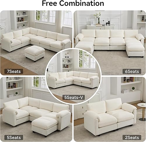 Miniatura 7 de Sofá nube seccional en forma de V de 114 pulgadas con otomana, sofás modulares de 7 plazas para sala de estar, sofá de pana de gran tamaño con
