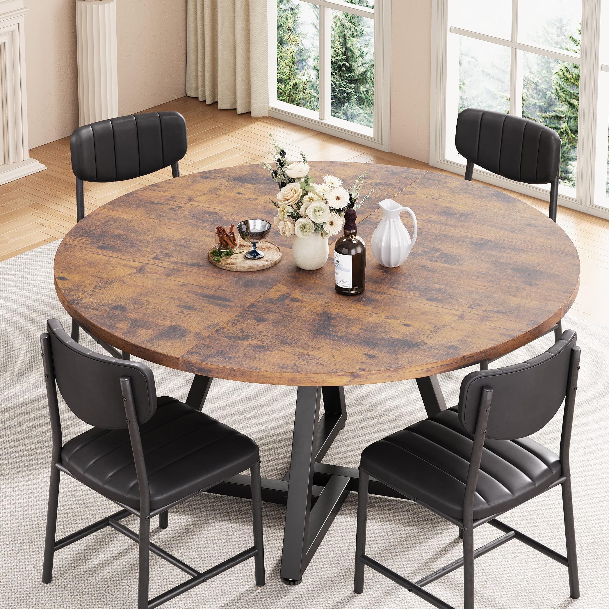 Jocoevol Table à Manger Ronde pour 4 à 6 Personnes, Table de Cuisine avec Piètement Métallique Stable, Table de Salle à Manger Gain de Place Style Industriel (Vintage Marron, 120x120x76cm)
