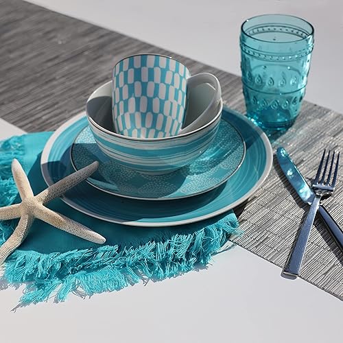 Miniatura 2 de Euro Ceramica Simpatico Collection - Juego de vajilla de cerámica de 16 piezas en turquesa; servicio para 4; patrón geométrico moderno; apto para