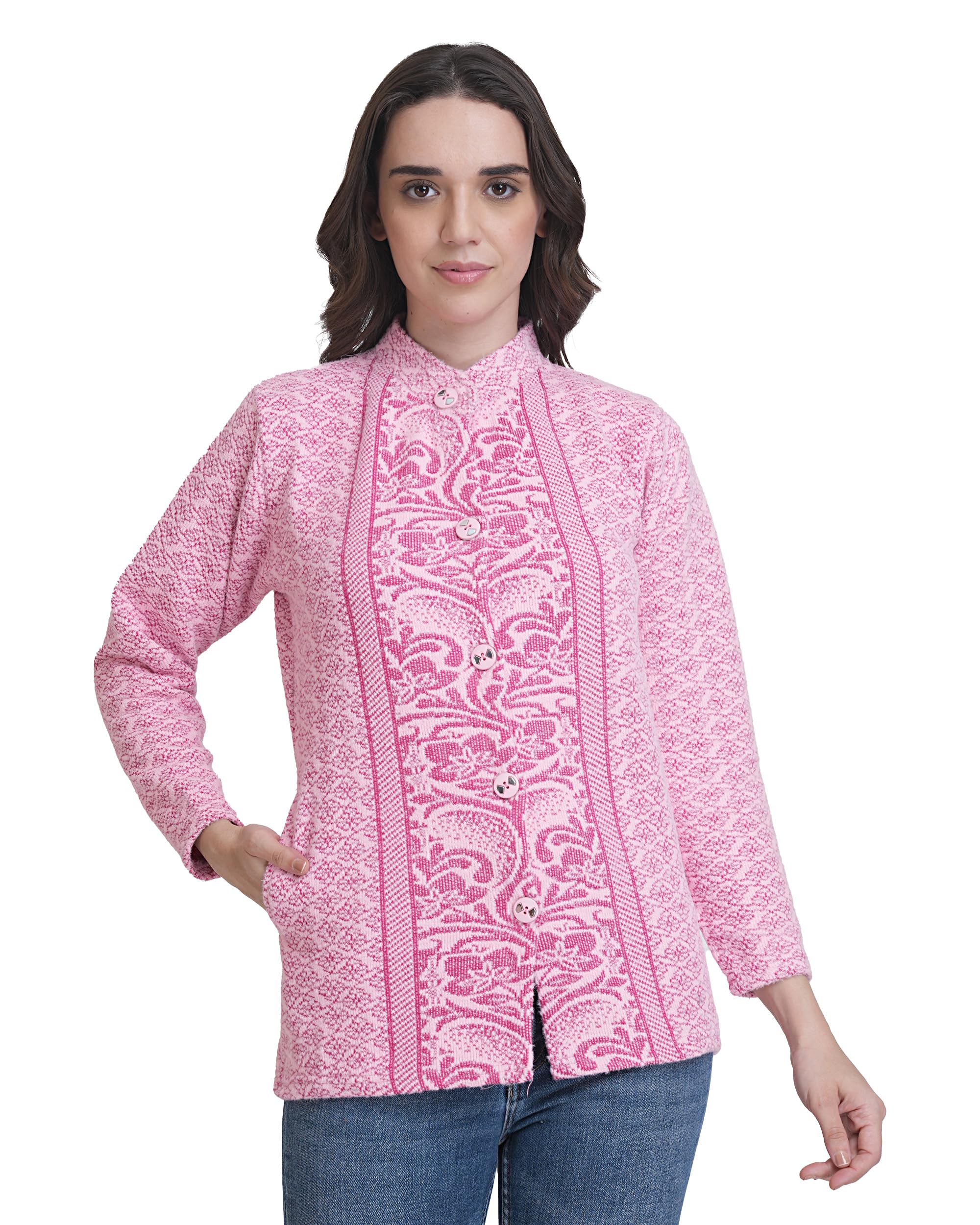 Women's Jacquard Print Turtle Neck Sweater | Winter Wear Soft Fur Long Cardigan with Front Buttons & Side Pockets | Stylish Woolen Cardigan for Winter-image-14