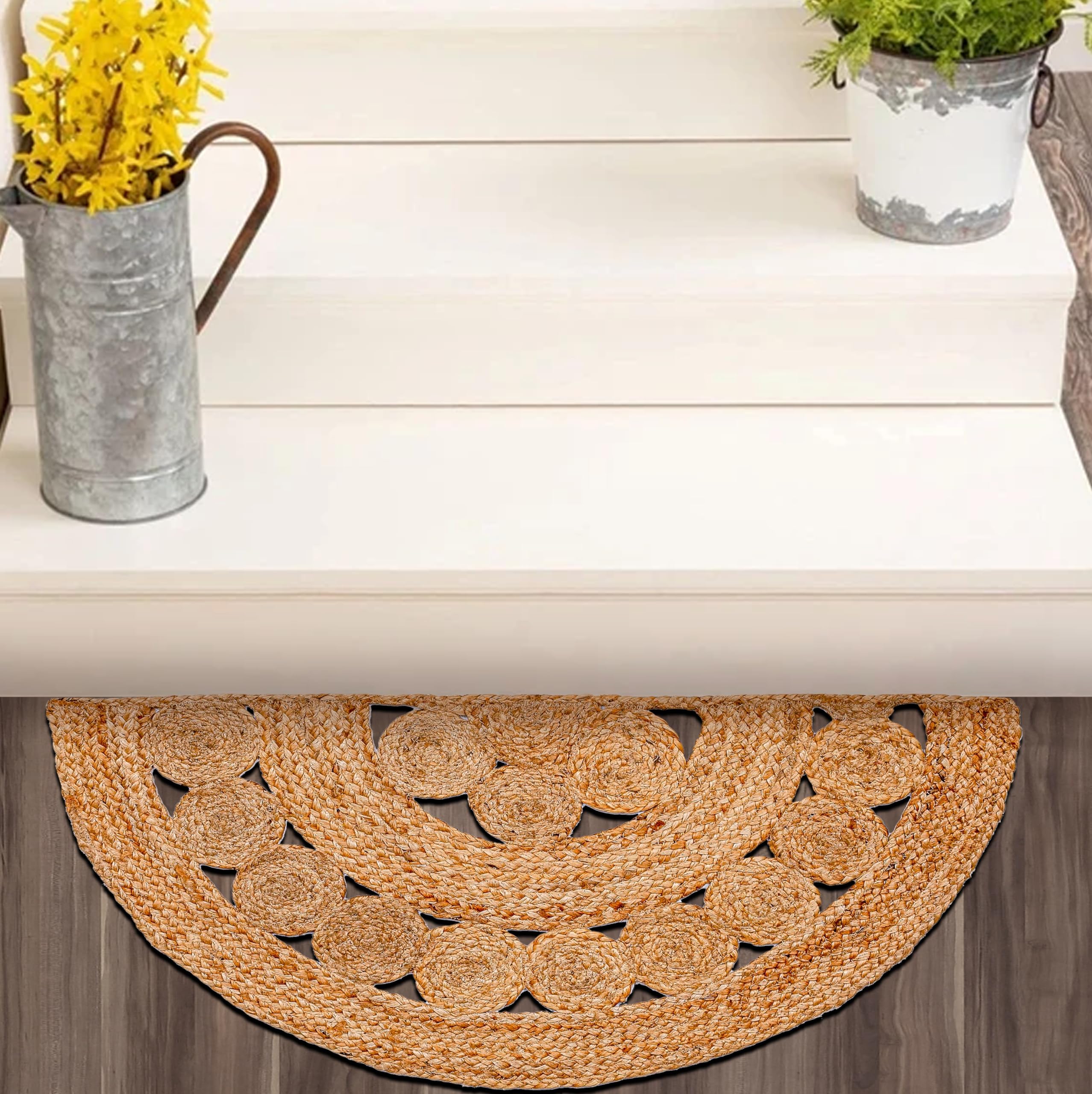 Photo 1 of RIANGI Boho Braided 1.5x3 Area Rug - Jute Natural Fiber Half Round Rug for Living Room Entryway, Farmhouse, Home, Indoor Rugs Jute Door mat for Bathroom, Kitchen (1.5 X 3 ft)