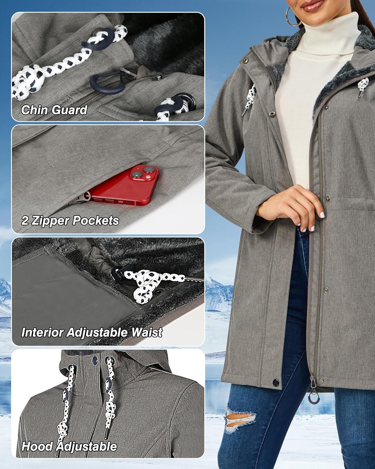 Women's Fleece Jacket Long Soft Shell Insulated Warm Winter Coat Waterproof Windbreaker Hood Parka - Image 4