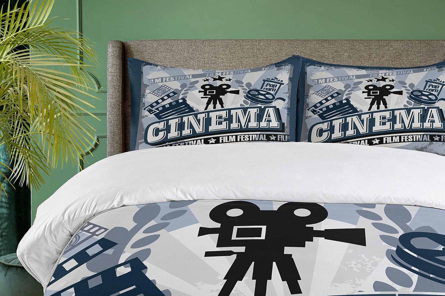 Ambesonne Movie Theater Duvet Cover Set, Vintage Cinema Poster Design Grunge Effect and Old Fashioned, Decorative 3 Piece Bedding Set with 2 Pillow Shams, Queen Size, Blue Black Grey Queen Blue Black Grey