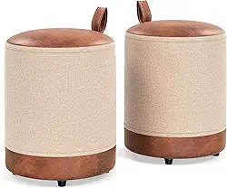 Conjunto 2 Puffs Redondos Bege/Cinza – Linho e Courino, Suporta 120KG - Euro (Beje)