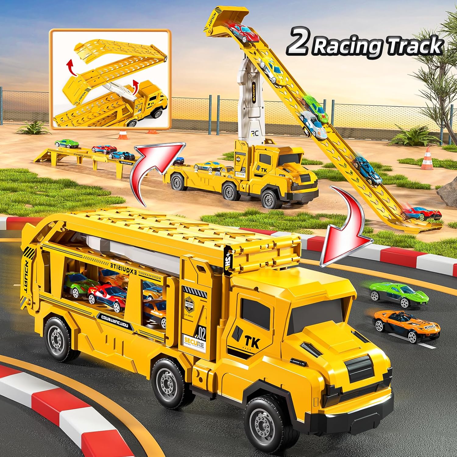 Truck Toys for Kids, Transport Vehicle with 12 Die-Cast Car, Double Race Car Track Cars Ramp Toy, Carrier Truck for Toddler 3-5, Christmas Birthday Gift for 3 4 5 6 7 8 Years Old Boys Girls