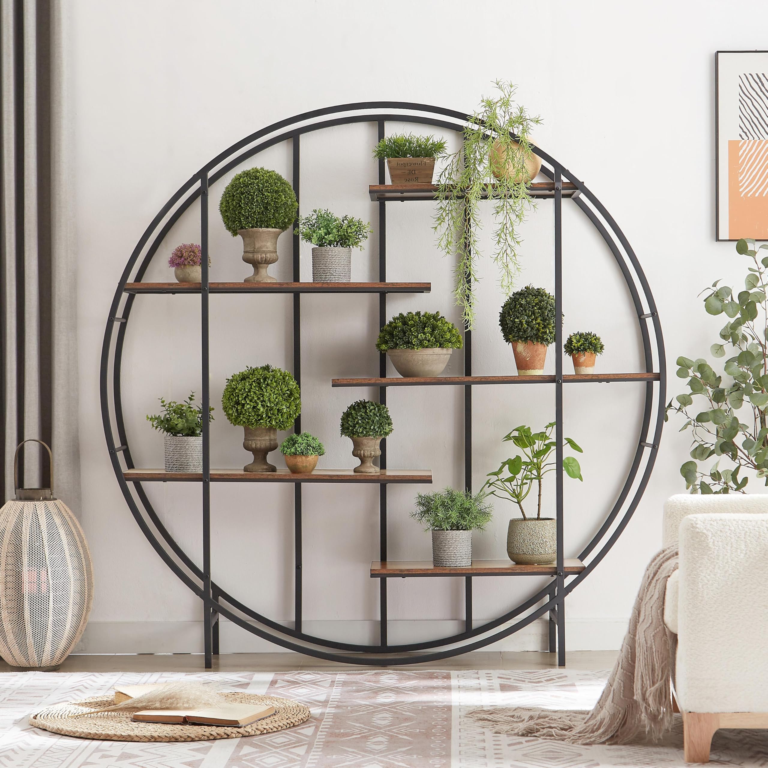 Ziraukon Round 5-Tier Metal Plant Bookcase Storage Rack, Rustic Decor Metal Display Stand, Multi-Functional Bookcase Storage Shelving Rack with Foot